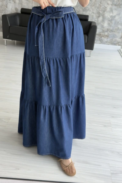 Koyu Mavi Kuşaklı Tensel Etek