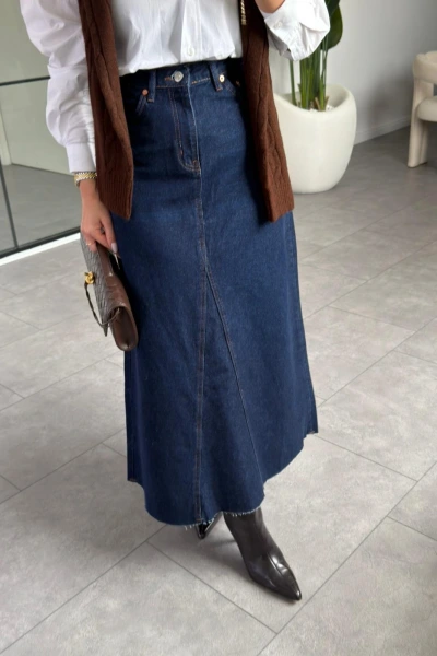 KOYU MAVİ TAM BOY JEAN ETEK