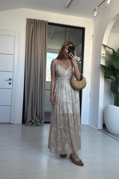 KREM ASKILI ŞİFON ELBİSE