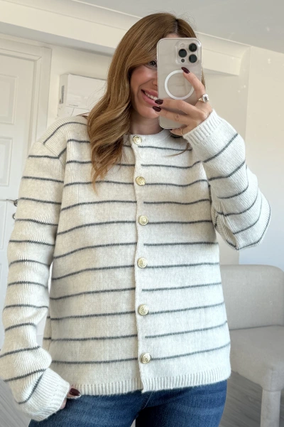 Krem Çelik Triko Çizgili Uzun Hırka