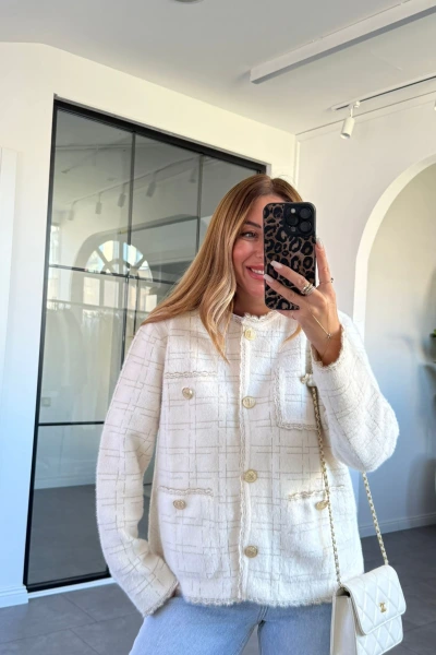 KREM GOLD SİMLİ CEP DETAYLI HIRKA