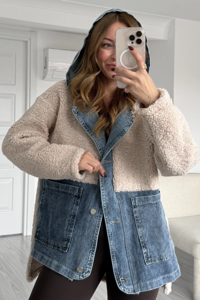 Krem Jean Detay Kapüşonlu Oversize Peluş Ceket