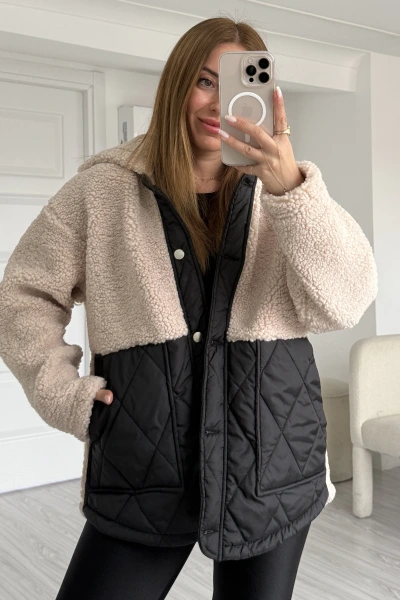 Krem Kapüşonlu Kapitone Detay Teddy Mont