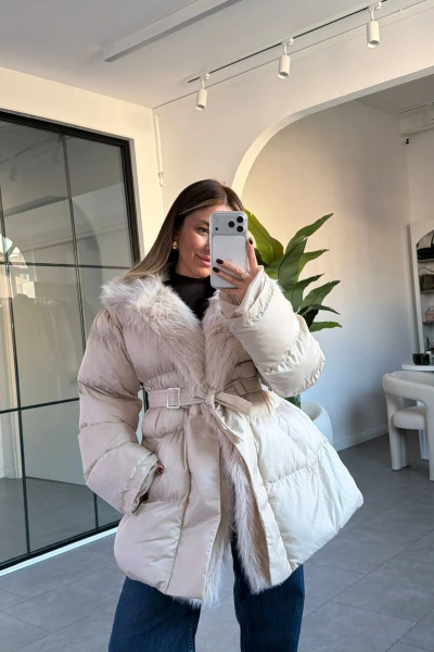 KREM KÜRK DETAY ŞİŞME MONT