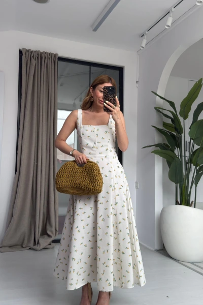 KREM LİMON DESEN ELBİSE