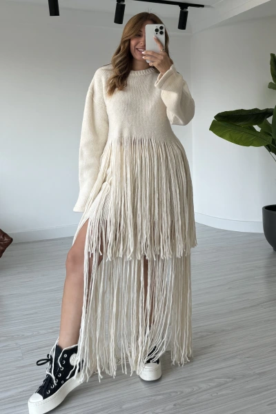 Krem Saçaklı Triko Etek Takım