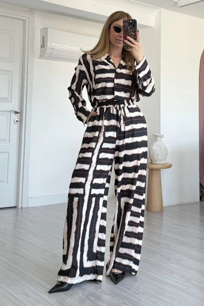 Krem Saten Desenli Takım