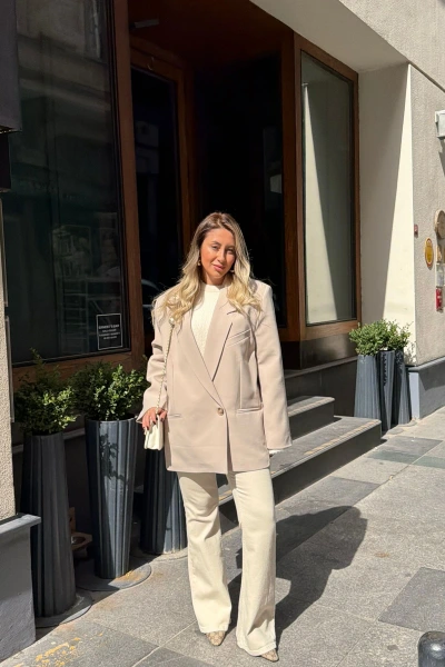 KREM TEK DÜĞMELİ OVERSİZE BLAZER CEKET