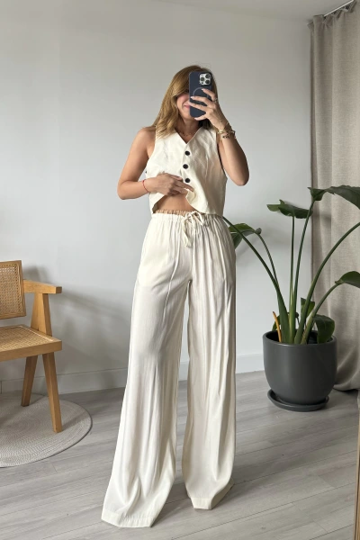 Krem Yelekli Bel Detaylı Yumuşacık Palazzo Takım