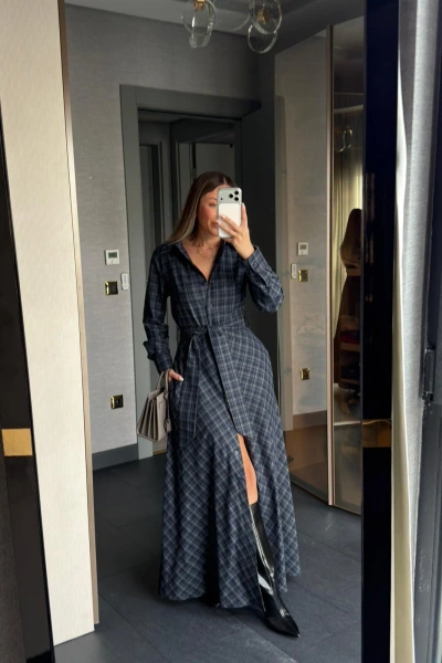 LACİVERT ANTRASİT KEMER DETAY EKOSE ELBİSE