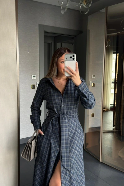 LACİVERT ANTRASİT KEMER DETAY EKOSE ELBİSE