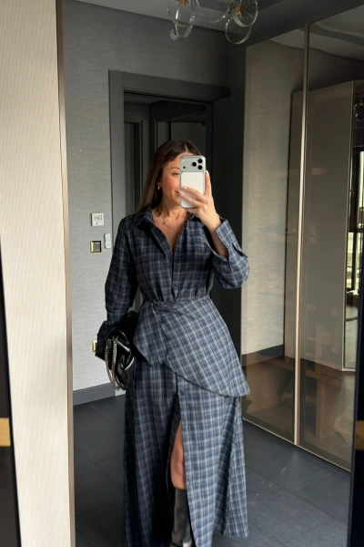 LACİVERT ANTRASİT PELERİN DETAY EKOSE ELBİSE