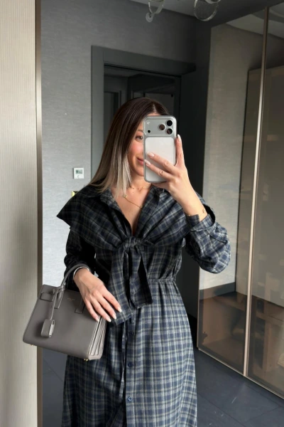 LACİVERT ANTRASİT PELERİN DETAY EKOSE ELBİSE