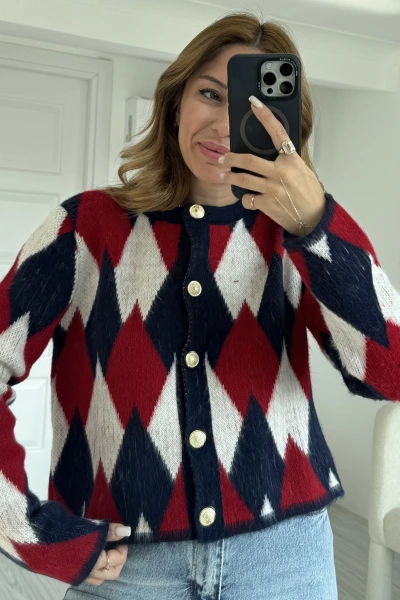 Lacivert Baklava Desen Gold Düğmeli Hırka