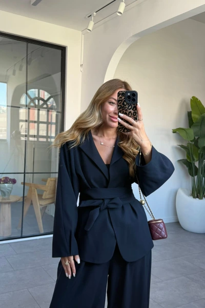 LACİVERT BALON KOL KUŞAKLI CEKET