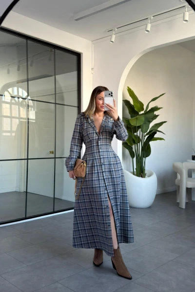 LACİVERT BELDEN OTURTMALI EKOSE ELBİSE