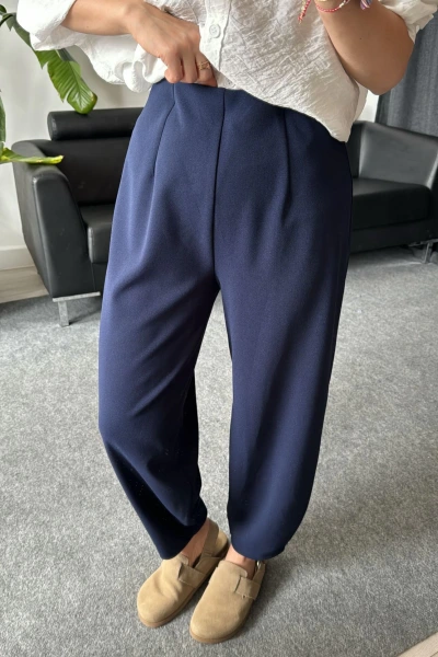 Lacivert Beli Lastıklı Şalvar Kesim Krep Pantolon