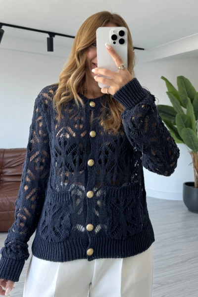 Lacivert Cepli Ajurlu Hırka