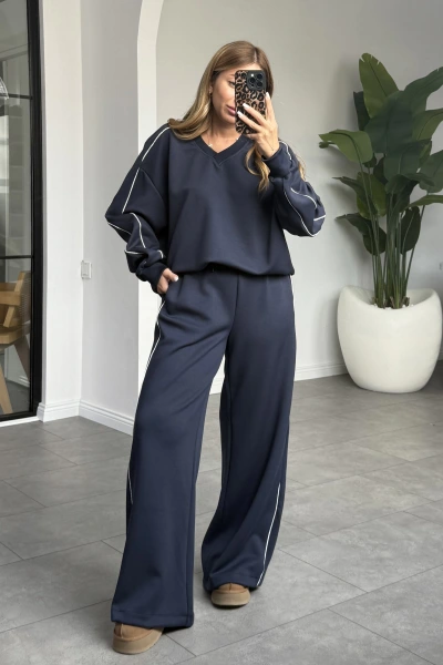 LACİVERT ÇİFT ŞERİT DETAYLI MODAL TAKIM