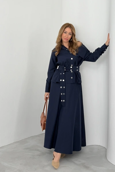 Lacivert Çıt Çıt Kemerli Etekli Takım