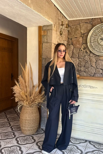 LACİVERT CROP POLİVİSKON TRENÇKOT