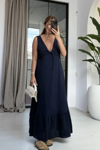 LACİVERT DEKOLTE DETAY MÜSLİN ELBİSE