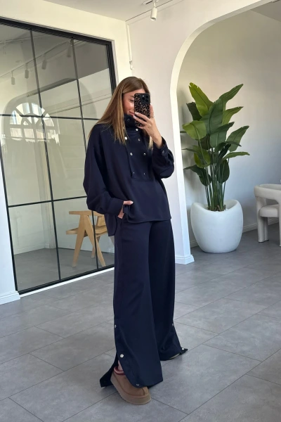 LACİVERT DİK YAKA ÇITÇITLI MODAL TAKIM