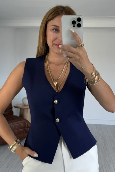 Lacivert Dore Düğmeli Triko Yelek