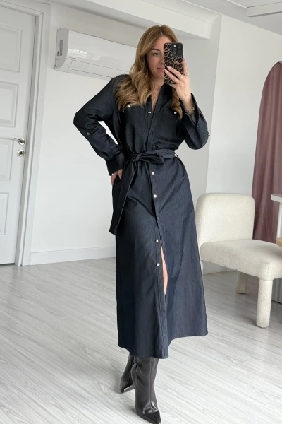 Lacivert Gold Düğmeli Denim Elbise