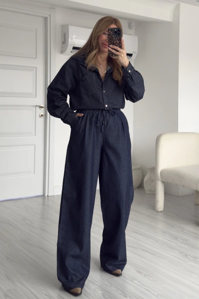 Lacivert Gold Düğmeli Gömlek Denim Takım