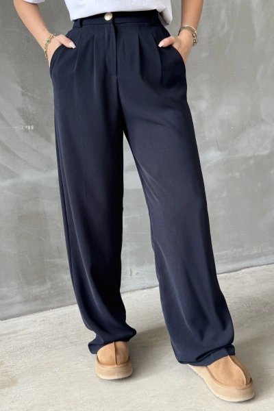 Lacivert Gold Düğmeli Pileli Palazzo Pantolon