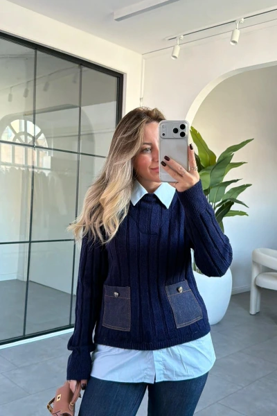 LACİVERT GÖMLEK YAKA TRİKO KAZAK