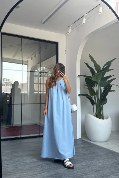 MAVİ HALTER YAKA ELBİSE