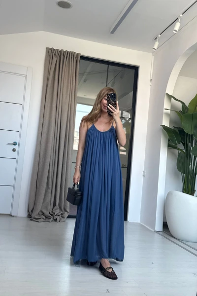 LACİVERT İP ASKI ORGANİK ELBİSE