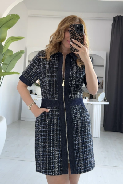 Lacivert Jean Detaylı Fermuarlı Elbise