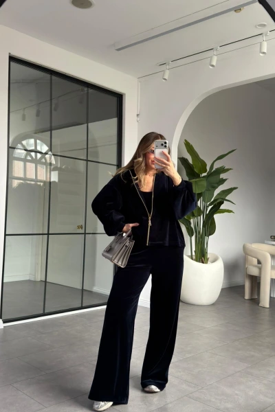 LACİVERT KADİFE ÜÇLÜ TAKIM