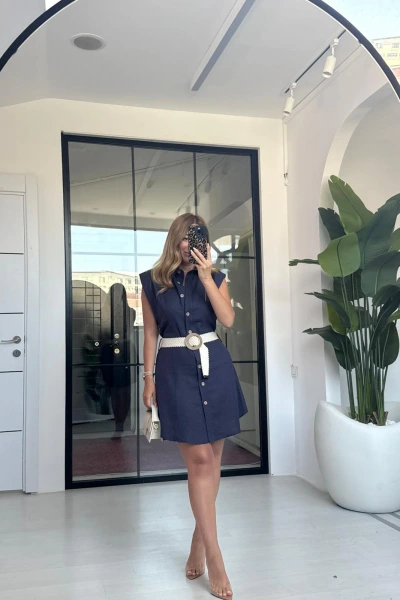 LACİVERT KEMERLİ KISA ELBİSE