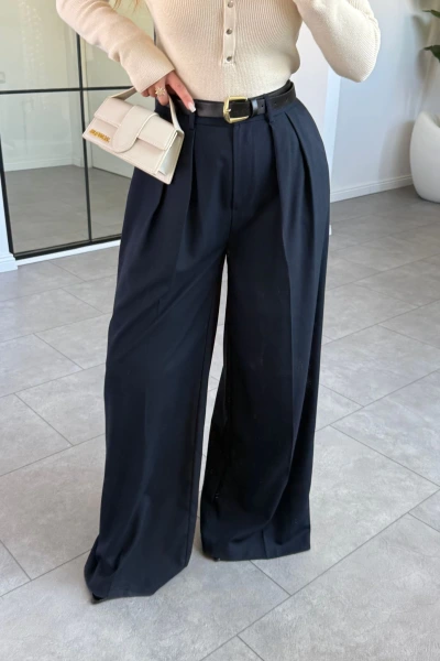LACİVERT KEMERLİ PİLİLİ PALAZZO PANTOLON