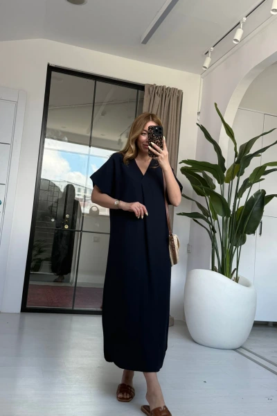 LACİVERT KETEN KISA KOL V YAKA ELBİSE