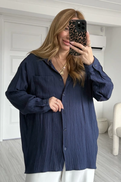 Lacivert Kırinkıl Kumaş Oversize Gömlek