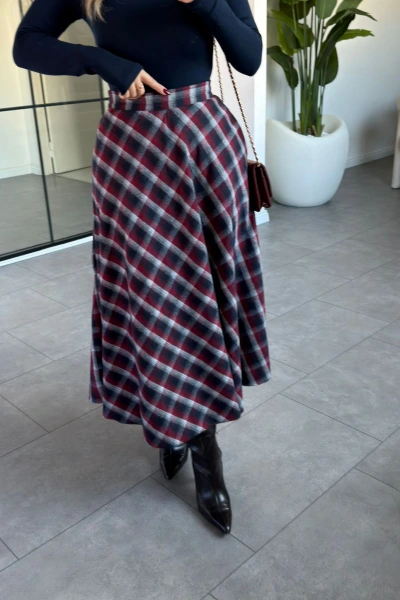 LACİVERT KIRMIZI EKOSE DESEN CEP DETAY ETEK