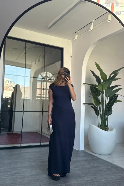 LACİVERT KISA KOL KETEN ELBISE