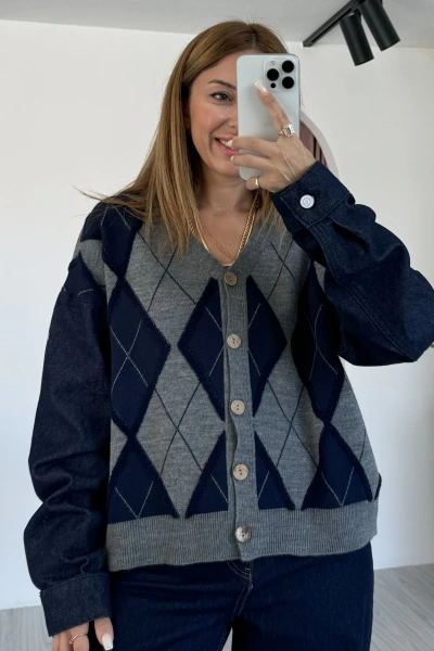 Lacivert Kol Detay Tasarım Baklava Desen Hırka