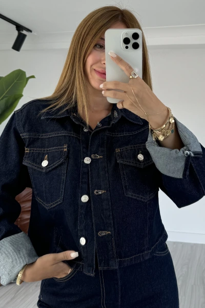 Lacivert Kontrast Dikişli Denim Ceket