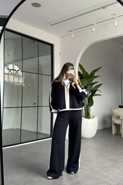 LACİVERT KREM ŞERİT DETAYLI MODAL TAKIM