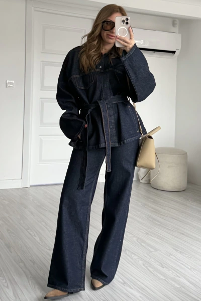 Lacivert Kuşaklı Denim Ceket Pantolon Takım