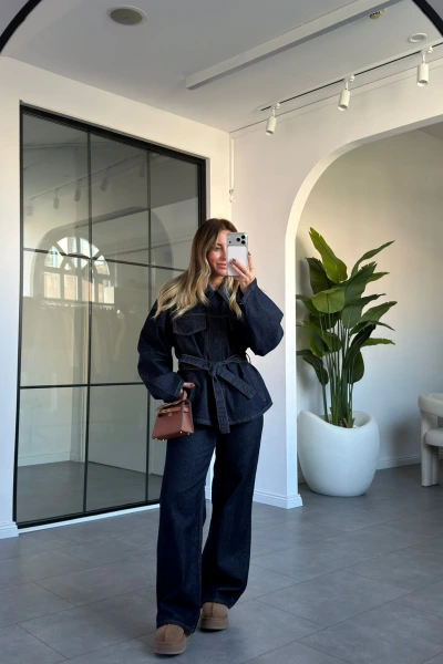 LACİVERT KUŞAKLI DENİM CEKET PANTOLON TAKIM