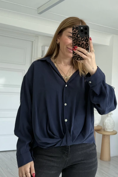 Lacivert Önü Düğüm Detay Düşük Omuz Gömlek