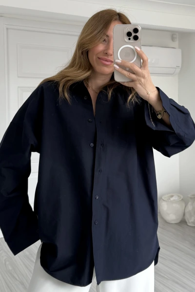 Lacivert Poplin Kumaş Basic Oversize Gömlek