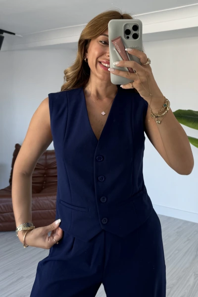 Lacivert V Yaka Fleto Cepli Yelek